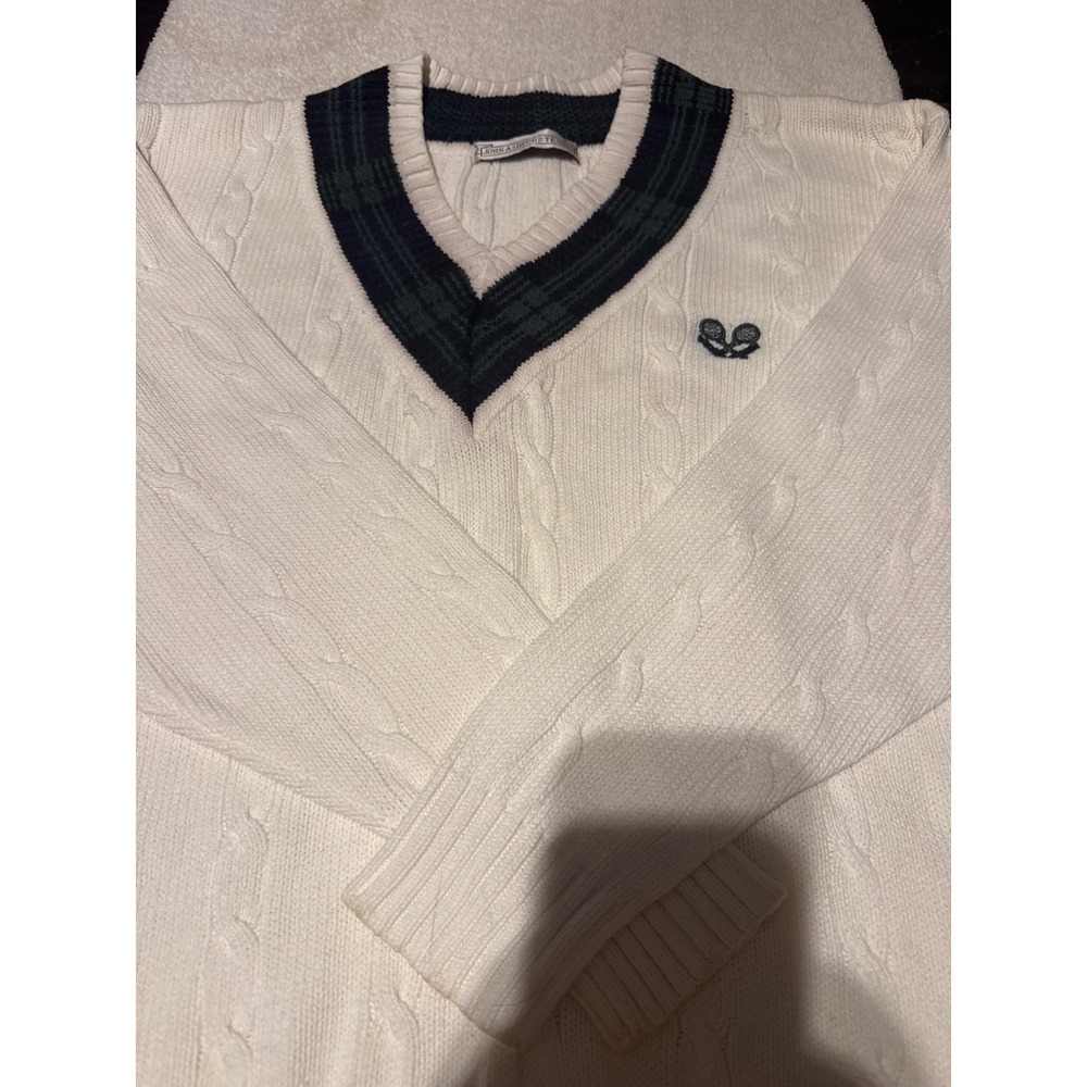 John Ashford Tennis Sweater Cream Plaid V-Neck Cable Knit Vintage Mens Large L